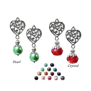 Earrings filigree love heart charm, choose pearl or crystal, color and fittings - Picture 1 of 20