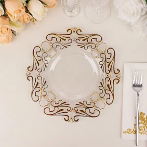 10 Clear 8 in Round Disposable Dinner Plastic PLATES Gold Baroque Design Party - Picture 1 of 9