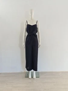 COS Black Linen-Blend Jumpsuit UK 12 EU 40 Wide-Leg Belted Cotton Charcoal Grey - Picture 1 of 14