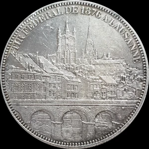 Suiza Lausana 1876 Tiro 1 Thaler Plata 5 Francos Ciudad Vista Unc Moneda - Imagen 1 de 10