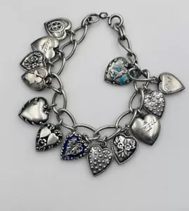 Antique Victorian Sterling Silver Enamel 13 Puffy Heart Charm Padlock Bracelet - Picture 1 of 9