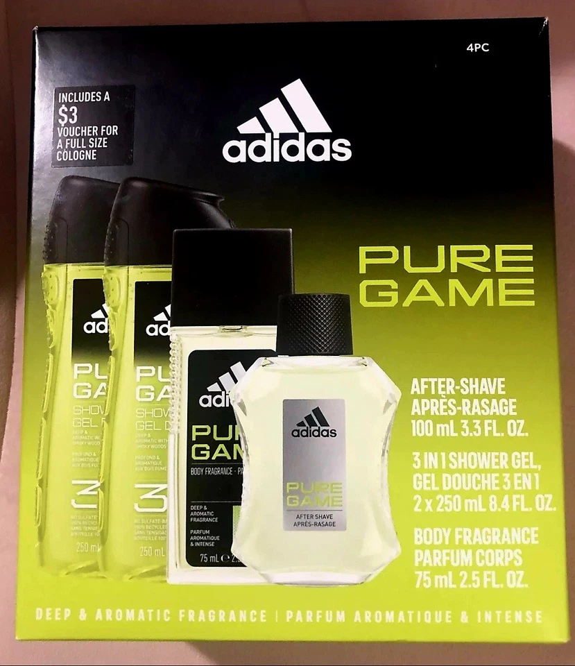ADIDAS PURE GAME MENS PERSONAL CARE 4 PIECE GIFT SET PARFUM AFTER SHAVE SHOW GEL