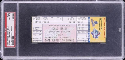 1998 MLB WORLD SERIES FULL GAME 4 TICKET YANKEES PADRES CLINCH RARE PRESS PSA 8 - Image 1 of 2