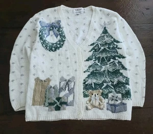 Vintage Talbots 3D handgestrickt Weihnachten Cardigan Pullover M Pastell Perlen Schleifen - Bild 1 von 1