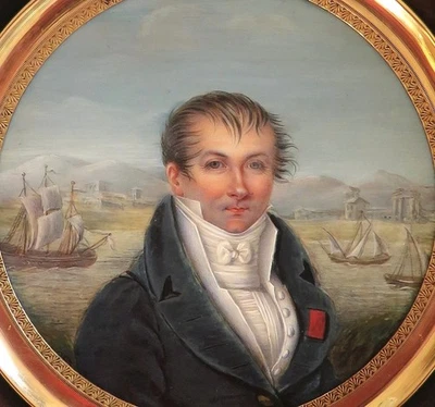 Intéressante MINIATURE deb XIXe. Homme devant un paysage maritime. Bateaux. - Photo 1/4