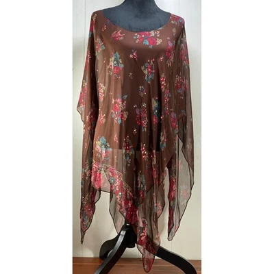 Sheer Floral Print Poncho Cover Up chocolate Brown Sequins Lightweight - Image 1 of 4