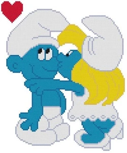 KREUZSTICH + BASTELMUSTER Schlumpf Schlumpfine Cartoon Kuss Liebe Herz Valentinstag - Bild 1 von 16