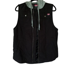 Wrangler Riggs Workwear Black Canvas Hooded Vest Men M(38–40) Zip Utility Jacket - Picture 1 of 4