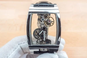 Reloj mecánico manual puente esqueleto plateado para hombre - correa de cuero negro - Imagen 1 de 9