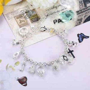 Bracciale Portafortuna Cuore Stella Chiave Croce Strass Ciondoli Donna Charme - Foto 1 di 2