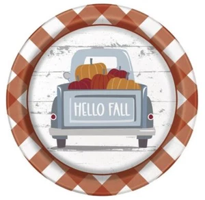 Thanksgiving Gingham Pumpkin 8 Ct 9" Lunch Plates Truck Hello Fall - Picture 1 of 1