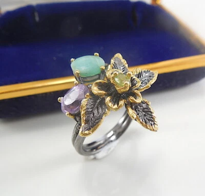 Natürlicher Amethyst,Smaragd   Sterling Silber Ring - Bild 1 von 4