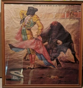 Vtg 1950 Bullfighter Matador Bull Litho Print Ximenez Framed Gay Fiesta Mexico - Picture 1 of 8