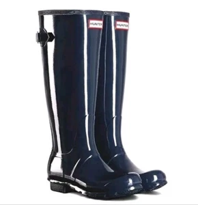 NEW-Woman's Hunter Original Tall Gloss Navy Rain Boots Mud Boot US Size 6 Shiny - Picture 1 of 10