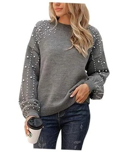 Women's Chunky Sweater Crewneck Sweatshirt Knit Lantern Sleeve Small Grey - Picture 1 of 8