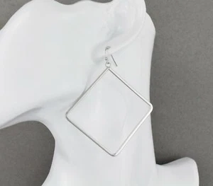 Silver square earrings dangle 2 15/16" long lightweight outline shape geometric - Picture 1 of 9