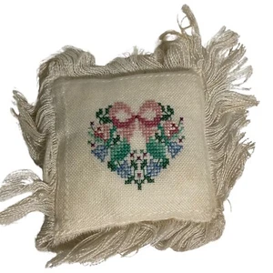 Vintage Cross Stitch Valentine Ornament Heart Pillow 6" x 6" with Fringe - Picture 1 of 5