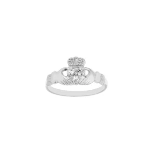 Anillo Claddagh de oro blanco de 14k con tres detalles de diamantes genuinos - Imagen 1 de 4