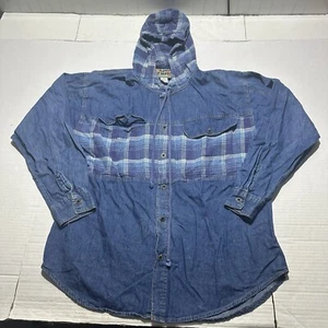 Vintage Denim Jacket Mens M Hoodie Plaid Fleece Button Zip Up Casual Style - Picture 1 of 8