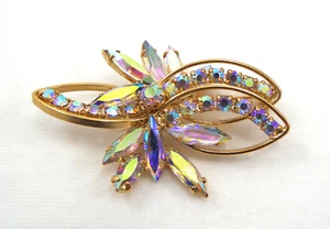 Vintage funkelnde AB Strass Anstecknadel Brosche Lagenlook Schleife vergoldet 2 -1/4" breit - Bild 1 von 13