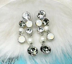 Givency Crystal Double Row Earrings Glass Pearl Pierced Post Dangle Drop - Picture 1 of 9