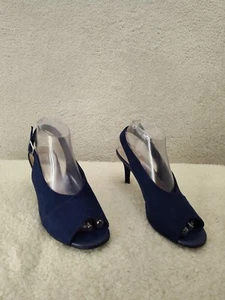 Amelia Grace Women Heels 8 1/2M Navy Fabric Peep Toe Slingback Sandals Shoes - Picture 1 of 19