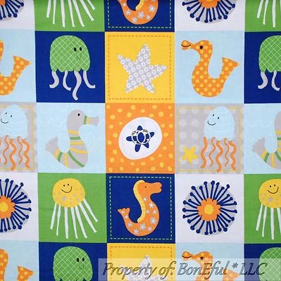 Edredón de algodón BonEful tela FQ azul verde estrella medusa pulpo caballito de mar bloque Foto 1 de 4