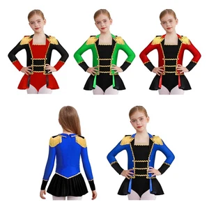 Kids Girls Leotard School Costumes Buttons Jumpsuit Collar Color Contrast Trim - Picture 1 of 49