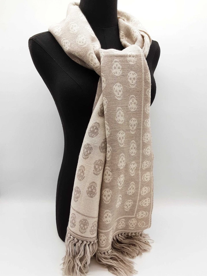 Alexander Mcqueen Skull Print Beige Gray Wool Scarf Do1025lorde - Image 1 of 4