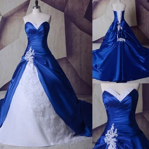 Vintage Royal Blue&White Wedding Gowns Dresses Sweetheart Lace Up Back Train - Picture 1 of 14