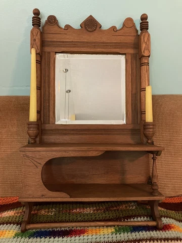 Vintage MCM oak medicine Bathroom Mirror cabinet Wall Shelf decorative carvings Cover