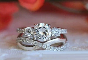 2 Ct Round Cut Simulated Diamond Wedding Bridal Set Ring 14K White Gold Plated - Picture 1 of 3