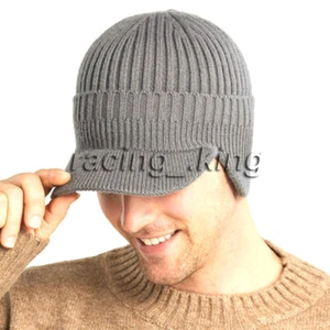 Men's Wool Blend Visor Brim Beanie With Bill Knit Baseball Cap Skull Hat Winter - Picture 1 of 7