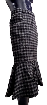 Bombshell Midi Skirt Peplum Flair 1950s Checkered Gray Wool European Vintage 30" - Image 1 of 4
