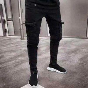 Stretch Jeans for Men Black Big Side Pockets Cargo Male Jeans Fashion Zipper - Bild 1 von 30