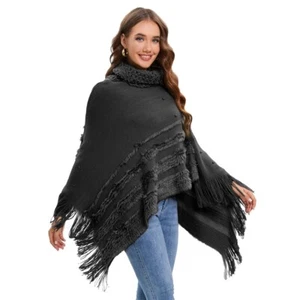 Women Irregular Shawl Cloak Hooded Poncho Sweater Jacket Knitted Tassel Top - Picture 1 of 14