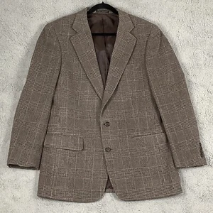 Camel Hair Wool Blend Jacket Blazer Men 41L Gray Plaid 2 Button Soft Oliver Hunt - Picture 1 of 10