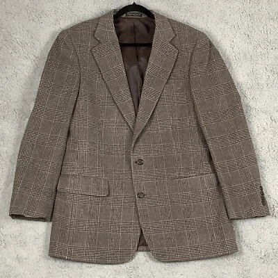 Camel Hair Wool Blend Jacket Blazer Men 41L Gray Plaid 2 Button Soft Oliver Hunt - Image 1 of 4