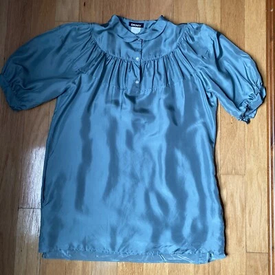 DKNY Silk Tunic Blouse 6 Romantic Royal Core Y2K Vintage Blue-Green Puffy Sleeve - Image 1 of 4