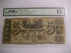 $5 "REPUBLIC OF TEXAS" 1839 Rare Note! Cut Cancelled, PMG Sertified - Picture 1 of 7