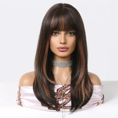 Brown Black Highlight Golden Synthetic Bangs Medium Length Straight Layered Wig - Image 1 of 4