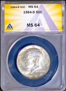 1964-D Silver 50c JFK Half-dollar MS 64 ANACS # 7696149 + Bonus - Picture 1 of 2