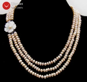 "Collar de perlas redondas planas de agua dulce natural de 6-7 mm para mujer 3 hebras de 17" - Imagen 1 de 5