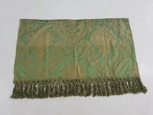 Antique Green & Gold Damask Silk Panel with Tassel Fringe 44x23 inches - Picture 1 of 12