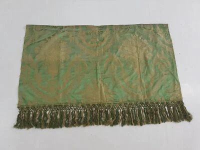 Antique Green & Gold Damask Silk Panel with Tassel Fringe 44x23 inches - Image 1 of 4