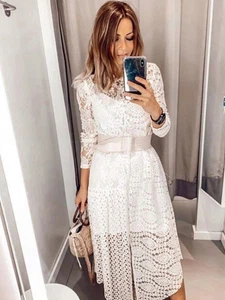 ZARA Ecru Asymmetric Long Sleeve Guipure Lace Midi Dress Blogger 2878 151 New S - Picture 1 of 15