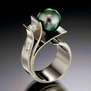 Fashion Women Wedding Rings 925 Silver Jewelry Round Cut Black Pearl Size 6-10