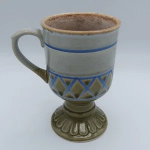 Vintage Footed Coffee Mug Olive Green & Blue Glazed Pottery Two-Finger Handle - Picture 1 of 12