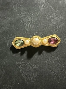 Vintage TAT Gold Perle Smaragd Amethyst wie Steine 3" Fliege Stil Brosche Anstecknadel - Bild 1 von 6