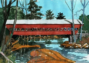 Swift River Covered Bridge, Conway NH. Colorful watercolor landscape art prints. - Picture 1 of 1